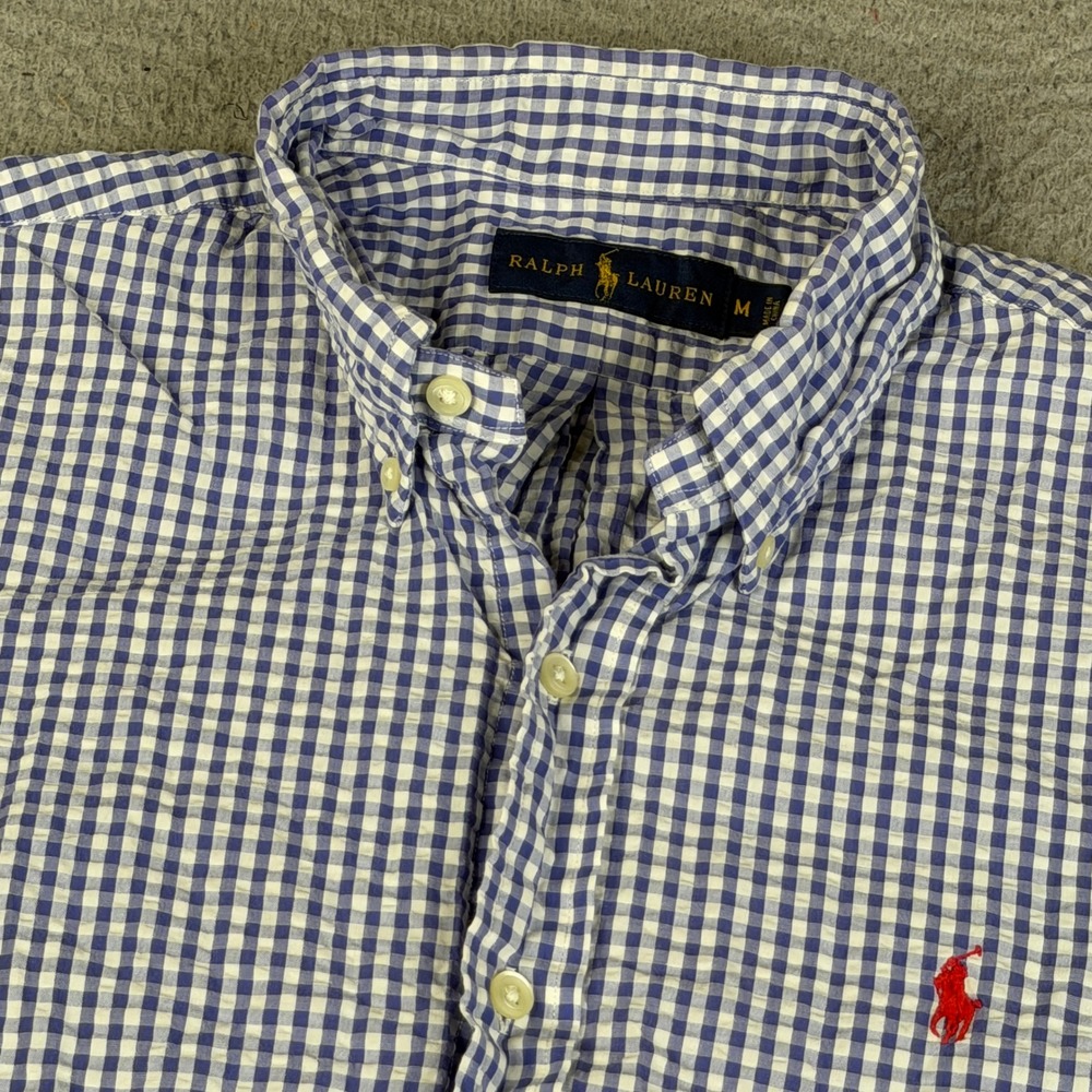 Ralph Lauren Shirt Boys M Gingham Seersucker Short Sleeve Button Down Red Pony